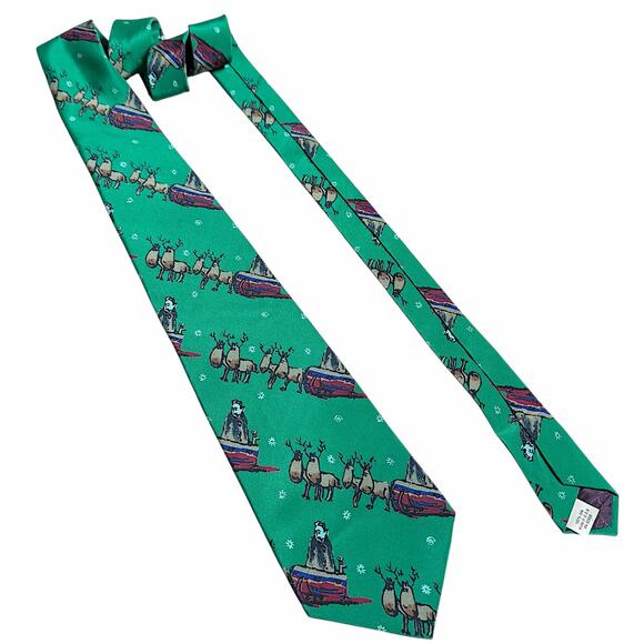 VINTAGE GREEN JERRY GARCIA CHRISTMAS TIE 80-90s REINDEER 100% SILK RETRO HOLIDAY - Picture 1 of 3